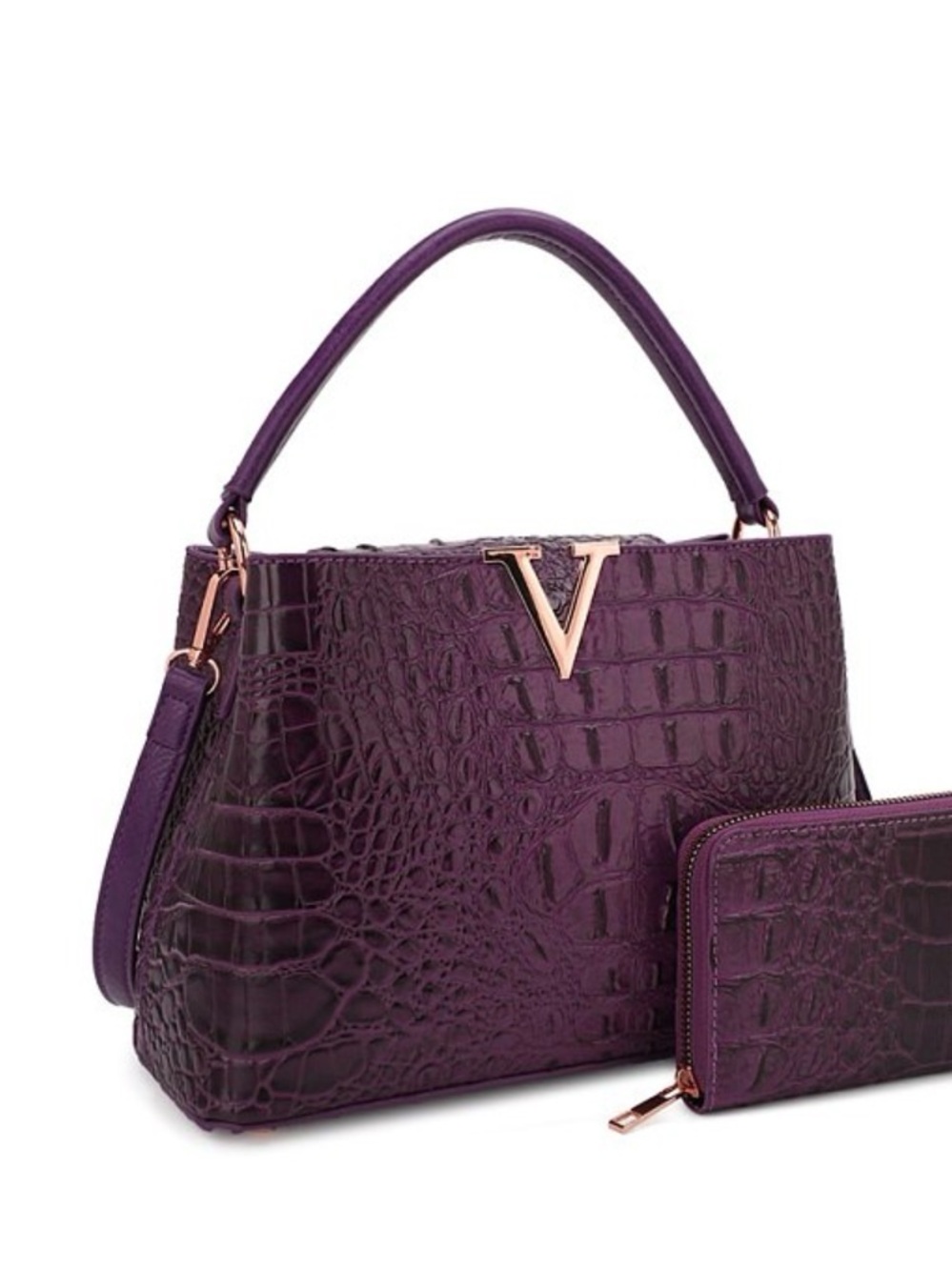 Purple Croc-Embossed Top-Handle Bag with Matching Wallet